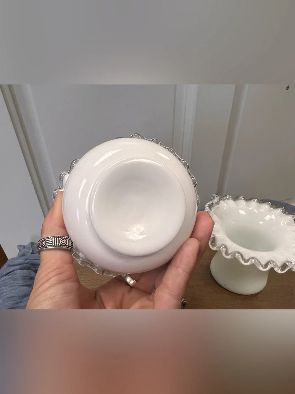 Vintage White Milk Glass Basket and White Milk Glass Ruffled Dish (set 2)